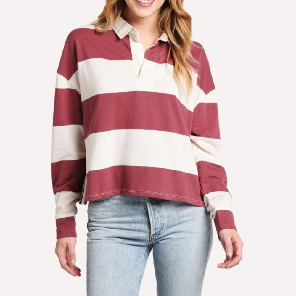 Z Supply maroon and white striped collared long sleeve